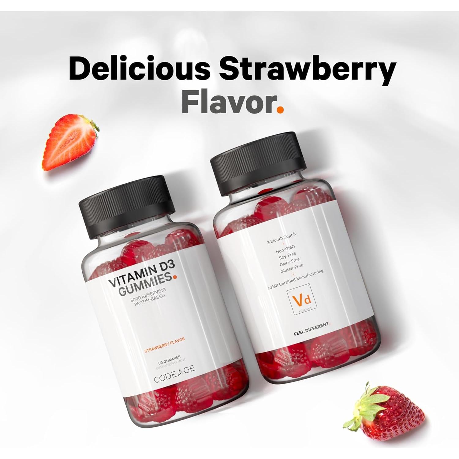 Vitaminas Gummy D3 Codeage 5000 IU 125 mcg Sabor Fresa - 2 Botellas