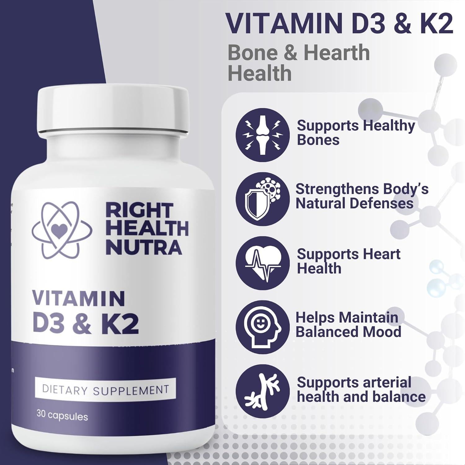 Suplemento Vitamina D3 125 mcg + K2 MK-7 200 mcg Right Health Nutra - 30 Cápsulas