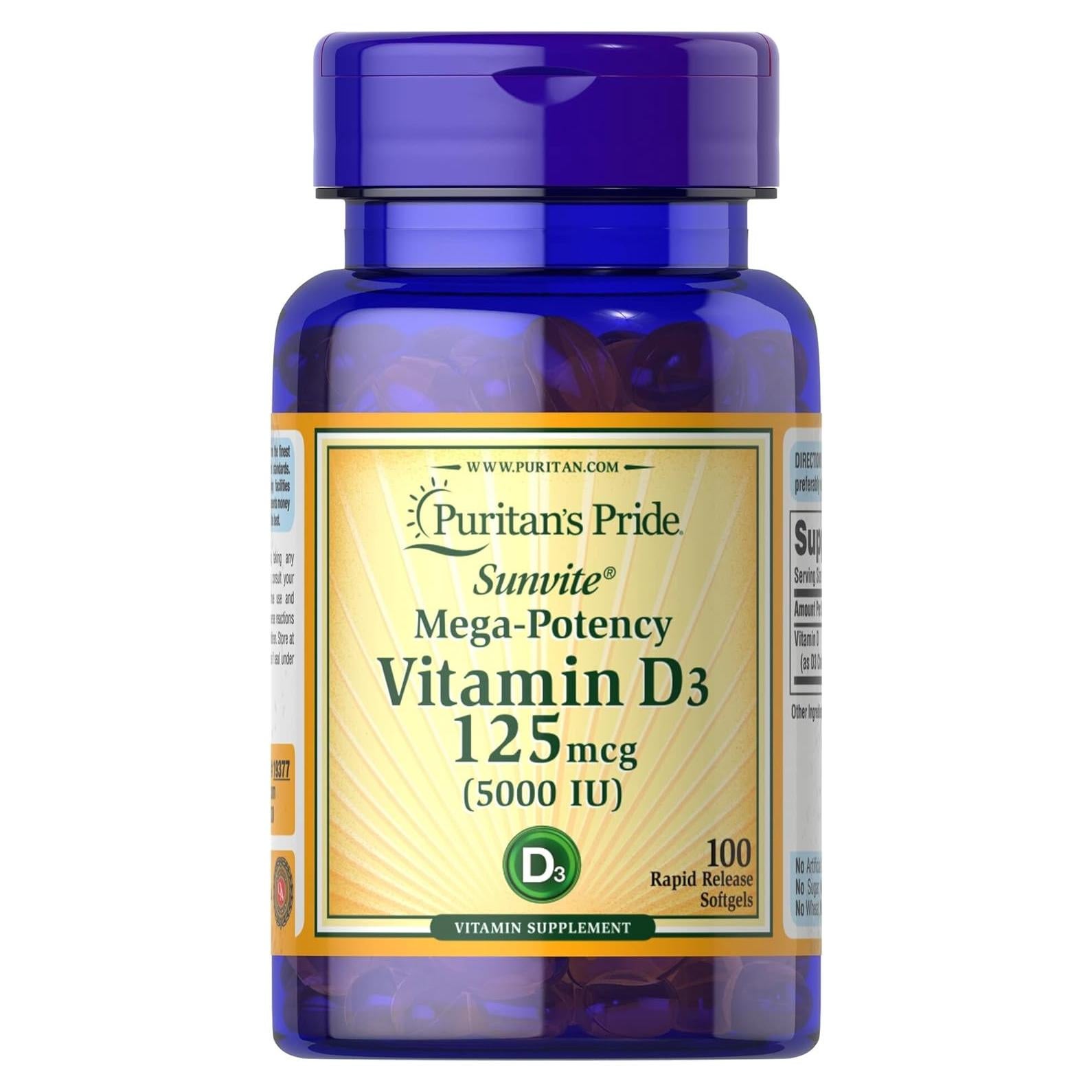 Vitamina D3 Puritan's Pride 5000 UI 100 Cápsulas