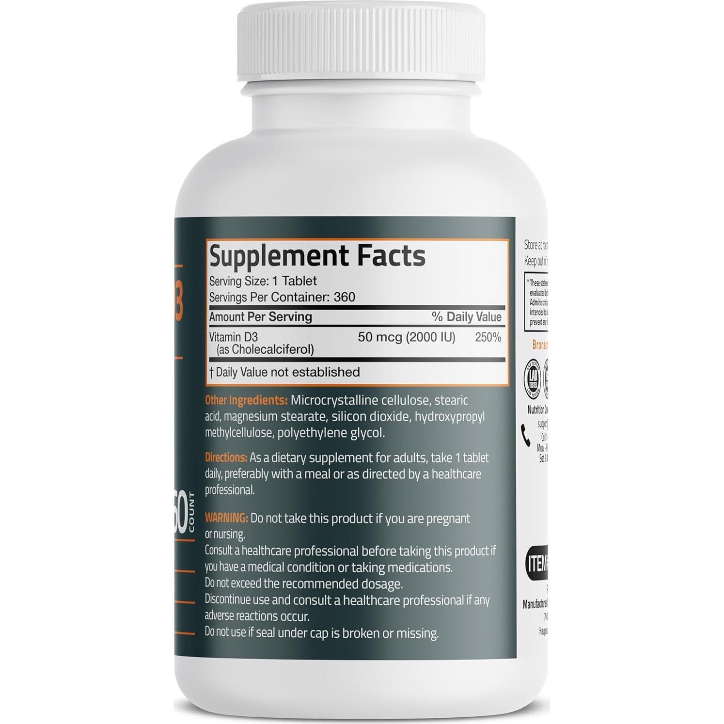 Vitamina D3 Bronson 2000 UI (50 mcg) 360 Tabletas No OGM