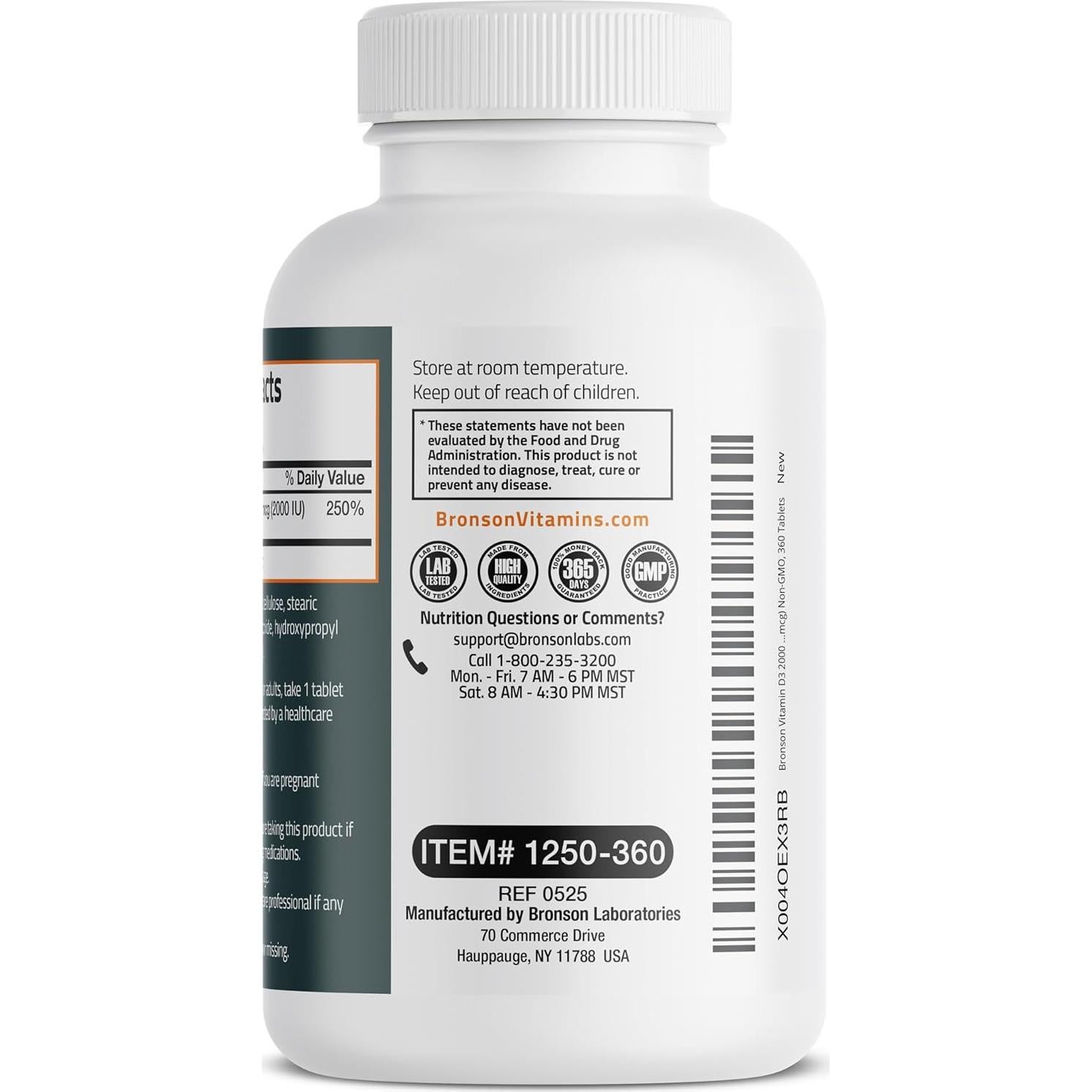 Vitamina D3 Bronson 2000 UI (50 mcg) 360 Tabletas No OGM