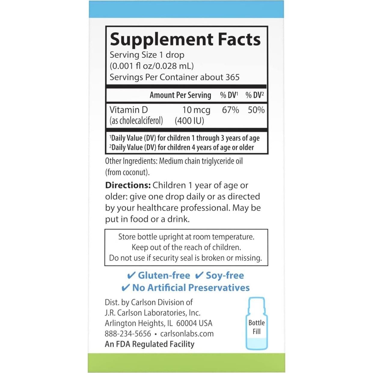 Gotas de Vitamina D3 para Niños Carlson 600 IU 90 Gotas