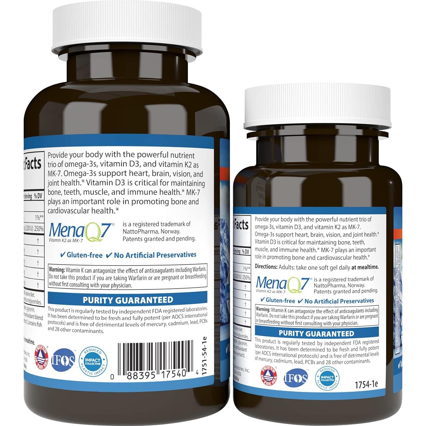 Suplemento Omega-3 Carlson Elite 700 mg + D3 y K2, 60+30 Gelatinas