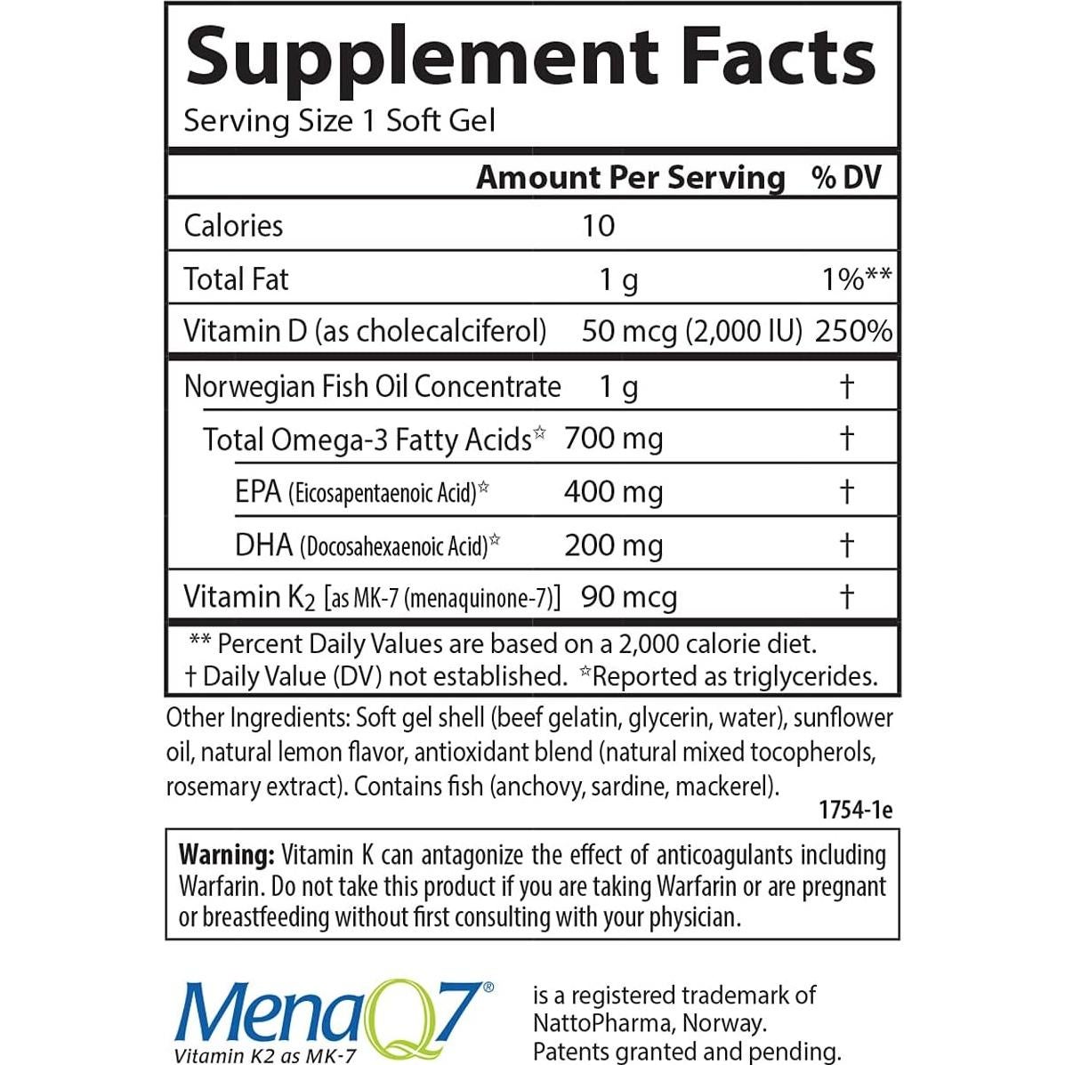 Suplemento Omega-3 Carlson Elite 700 mg + D3 y K2, 60+30 Gelatinas