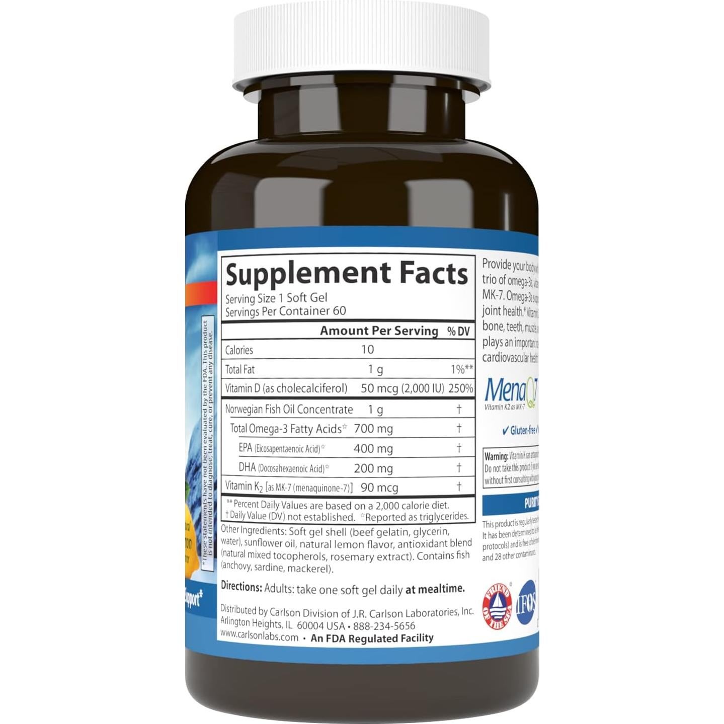 Suplemento Omega-3 Carlson Elite D3 K2 700 mg 60 Gelatinas