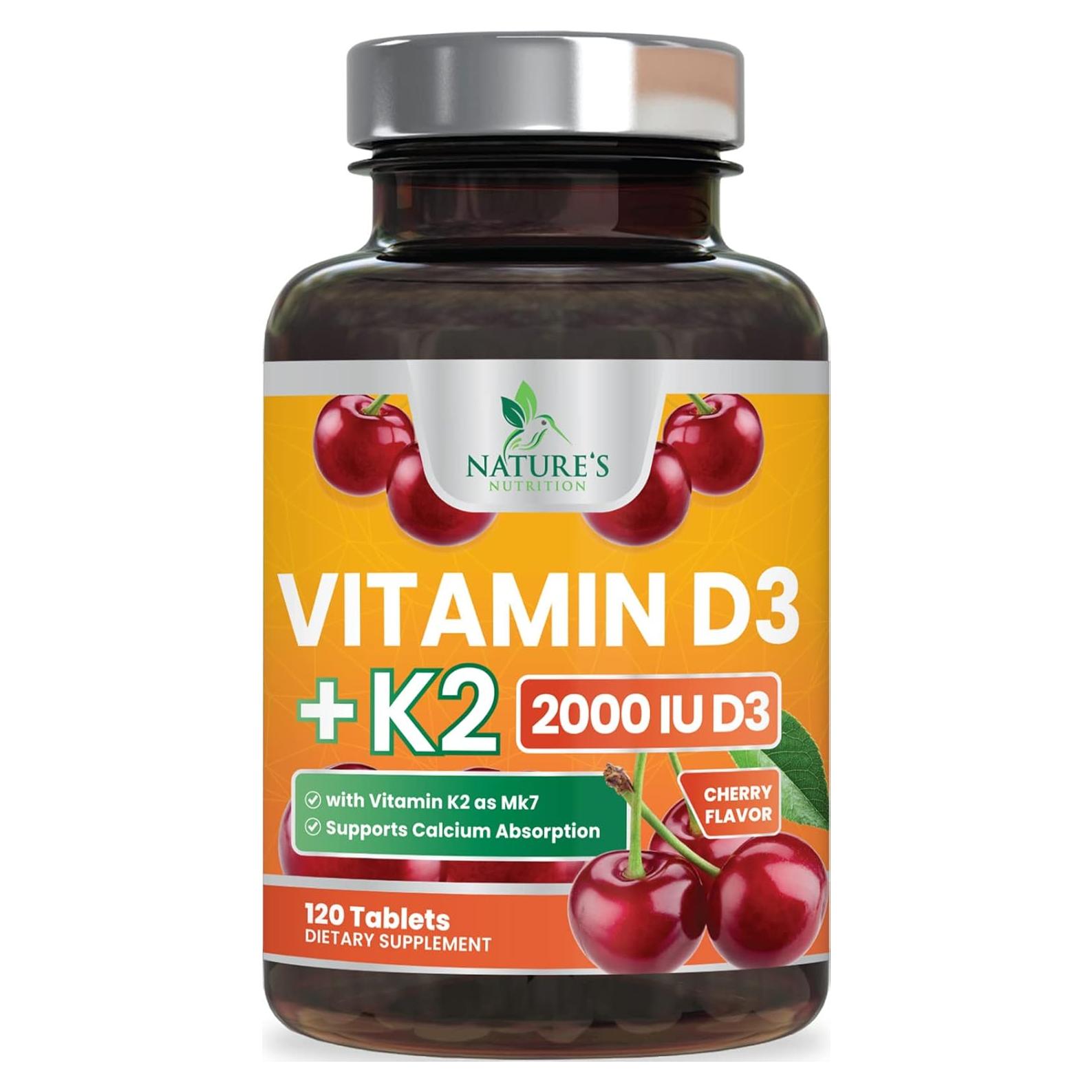 Vitamina D3 K2 2000 UI Nature's Nutrition 120 Tabletas Masticables