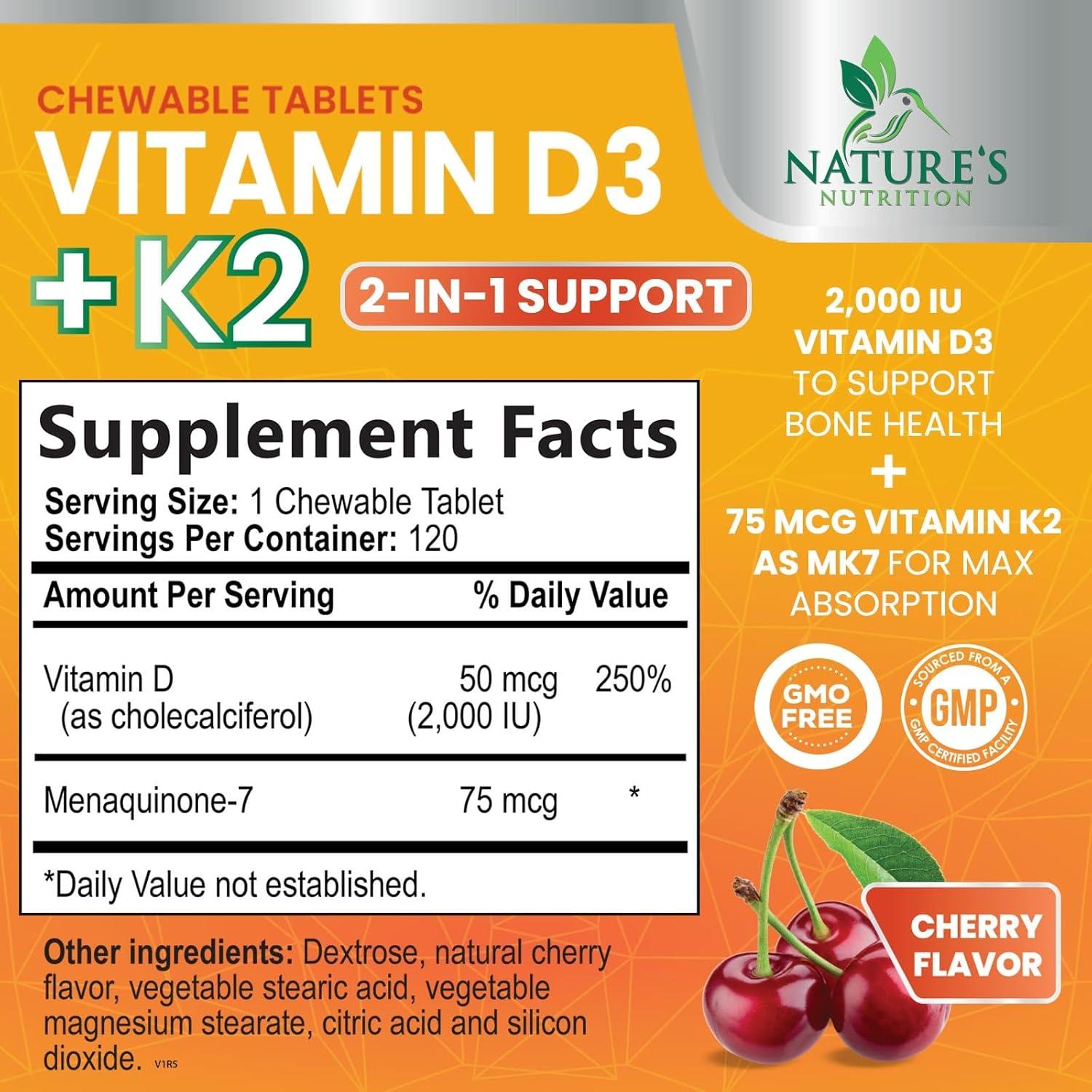 Vitamina D3 K2 2000 UI Nature's Nutrition 120 Tabletas Masticables