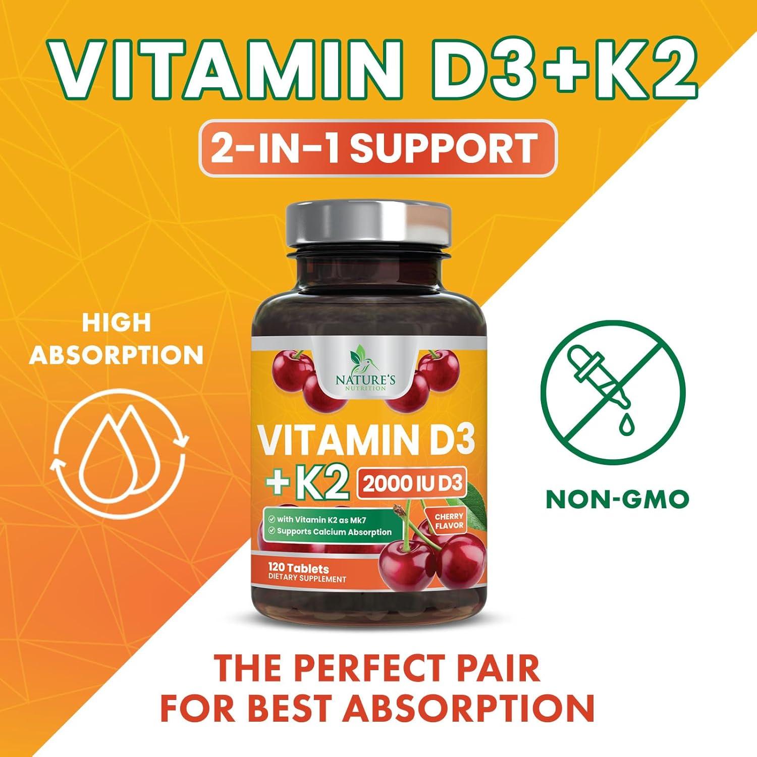 Vitamina D3 K2 2000 UI Nature's Nutrition 120 Tabletas Masticables