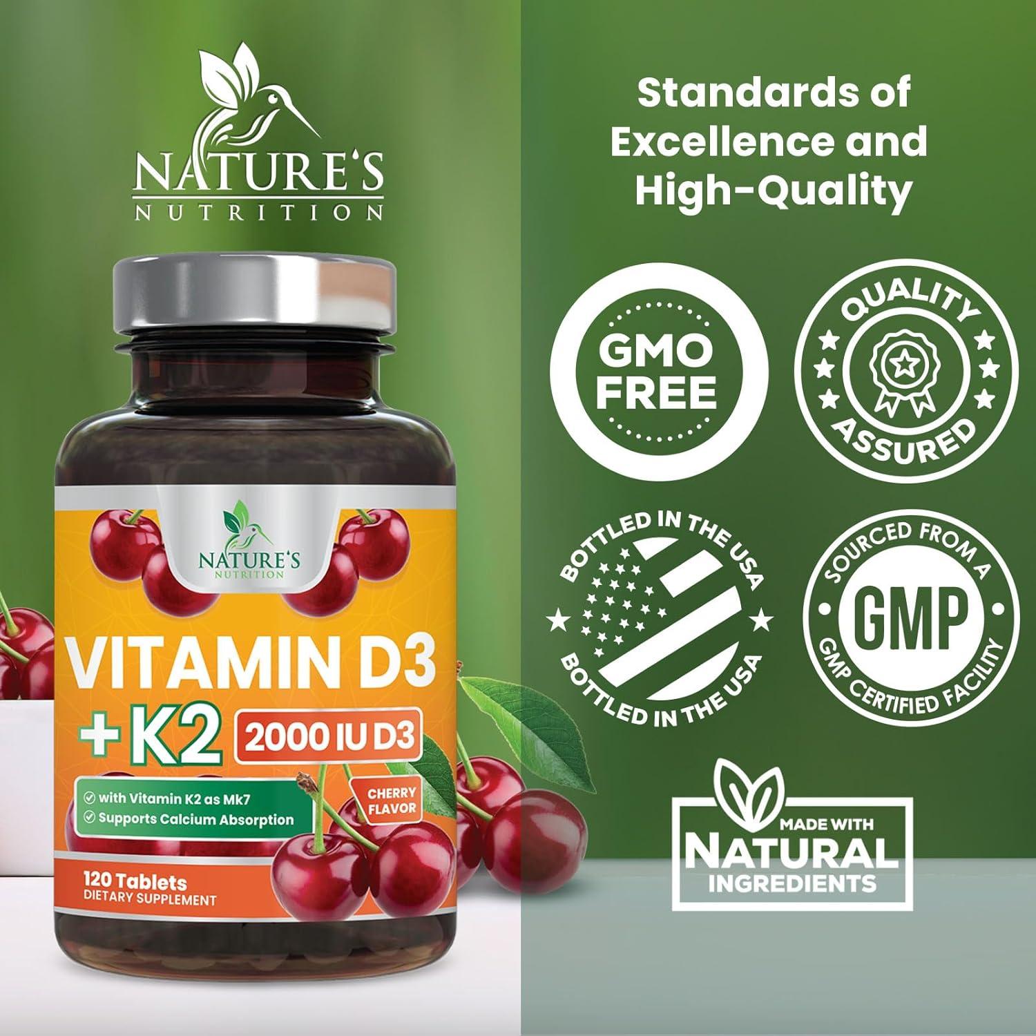 Vitamina D3 K2 2000 UI Nature's Nutrition 120 Tabletas Masticables