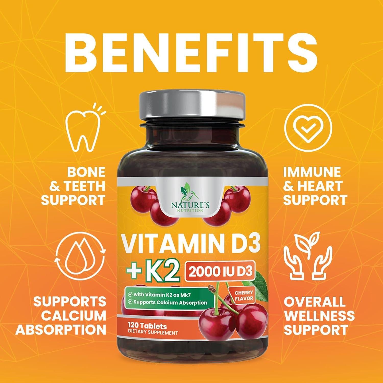 Vitamina D3 K2 2000 UI Nature's Nutrition 120 Tabletas Masticables