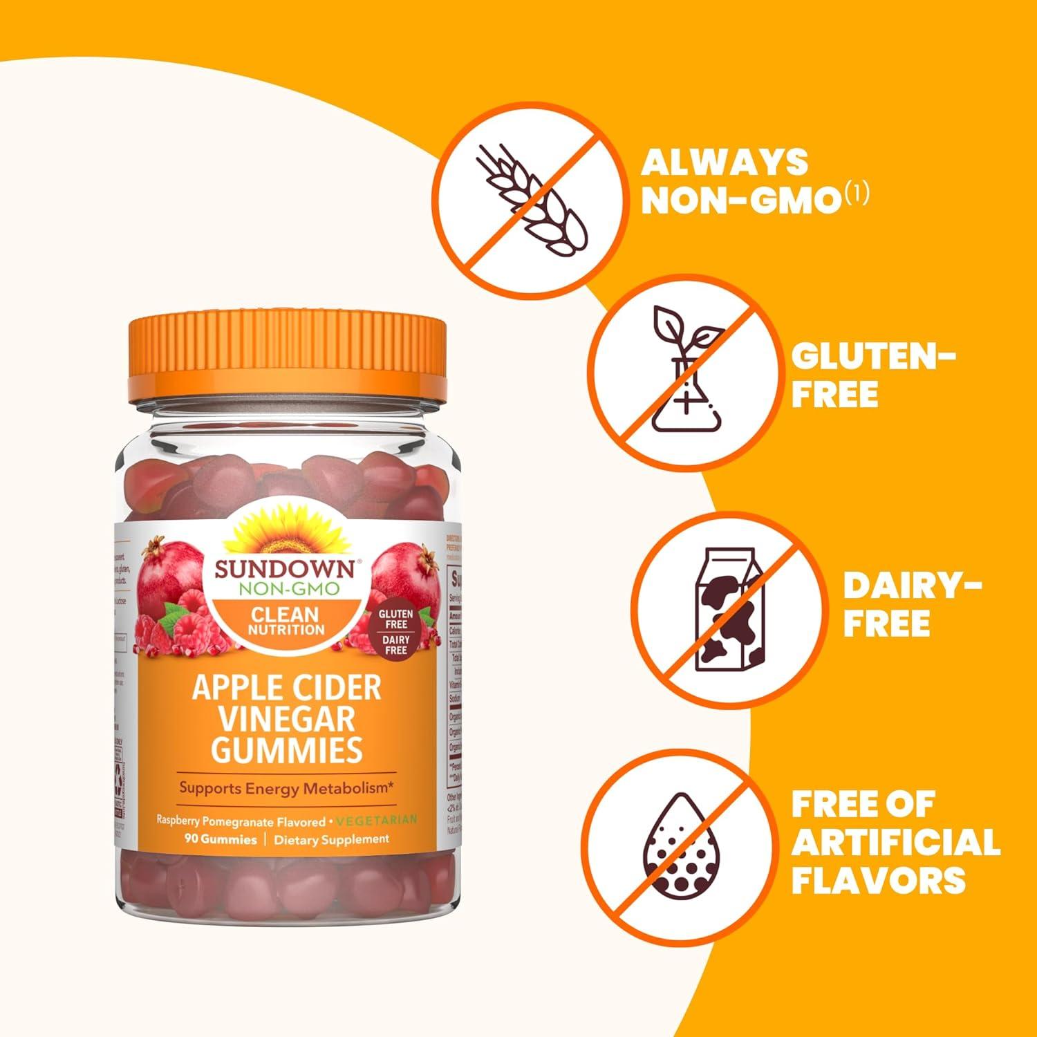 Gomitas de Vinagre de Sidra de Manzana Sundown 90 Ct - Sabor Frambuesa Granada