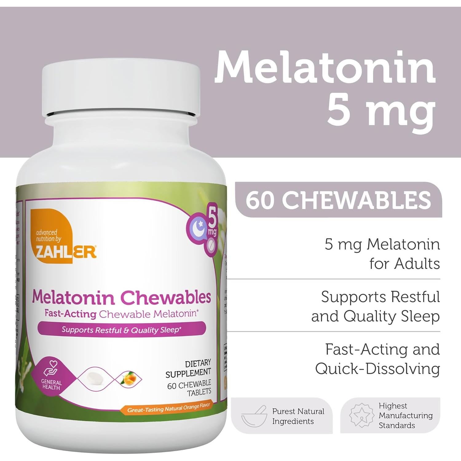 Tabletas Masticables de Melatonina Zahler 5mg Sabor Naranja - 60 Unidades