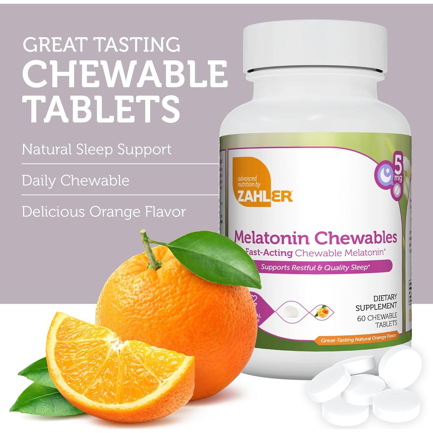 Tabletas Masticables de Melatonina Zahler 5mg Sabor Naranja - 60 Unidades