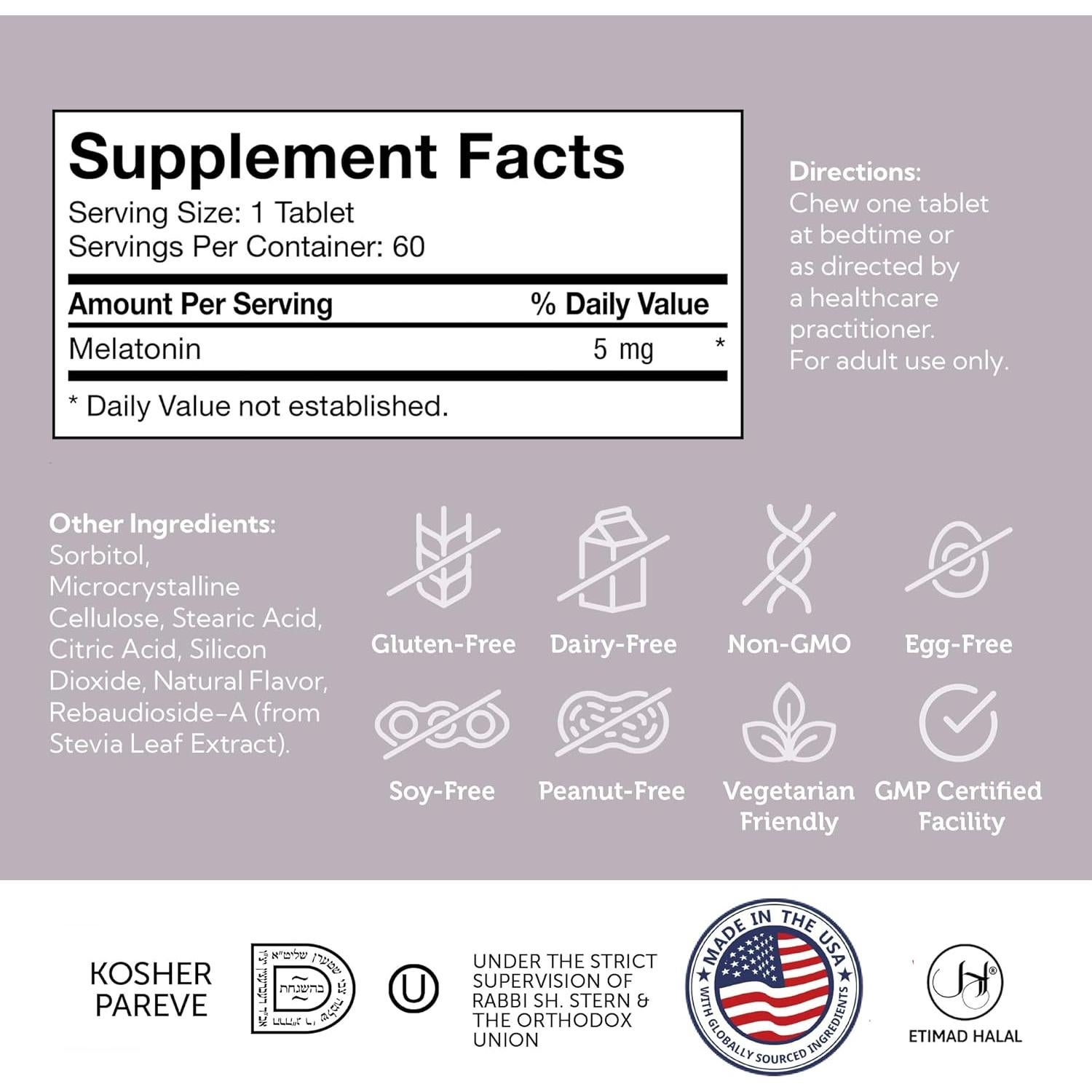 Tabletas Masticables de Melatonina Zahler 5mg Sabor Naranja - 60 Unidades