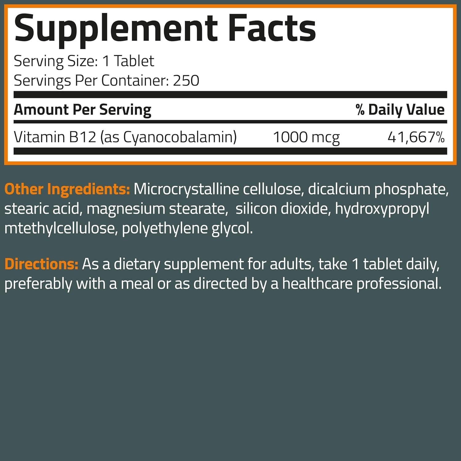 Vitamina B12 Bronson 1000mcg 250 Tabletas Vegetarianas