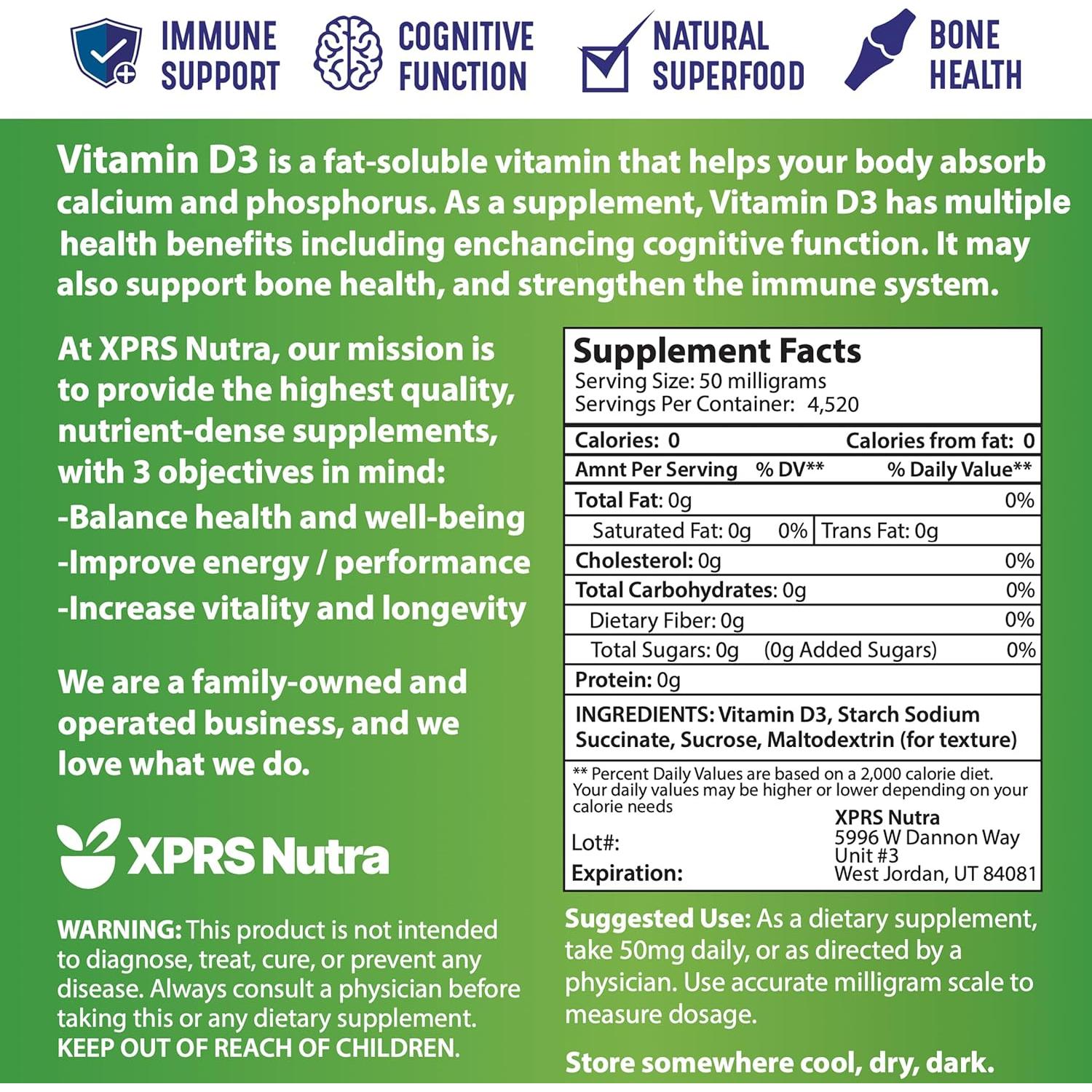 Polvo de Vitamina D3 XPRS Nutra 227g - Colecalciferol Sin Sabor