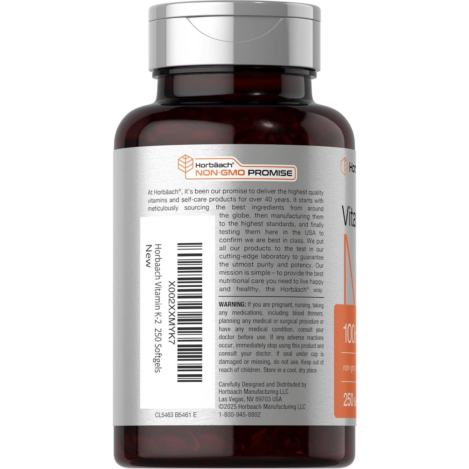 Vitamina K2 MK7 100mcg Horbäach - 250 Softgels Sin OGM