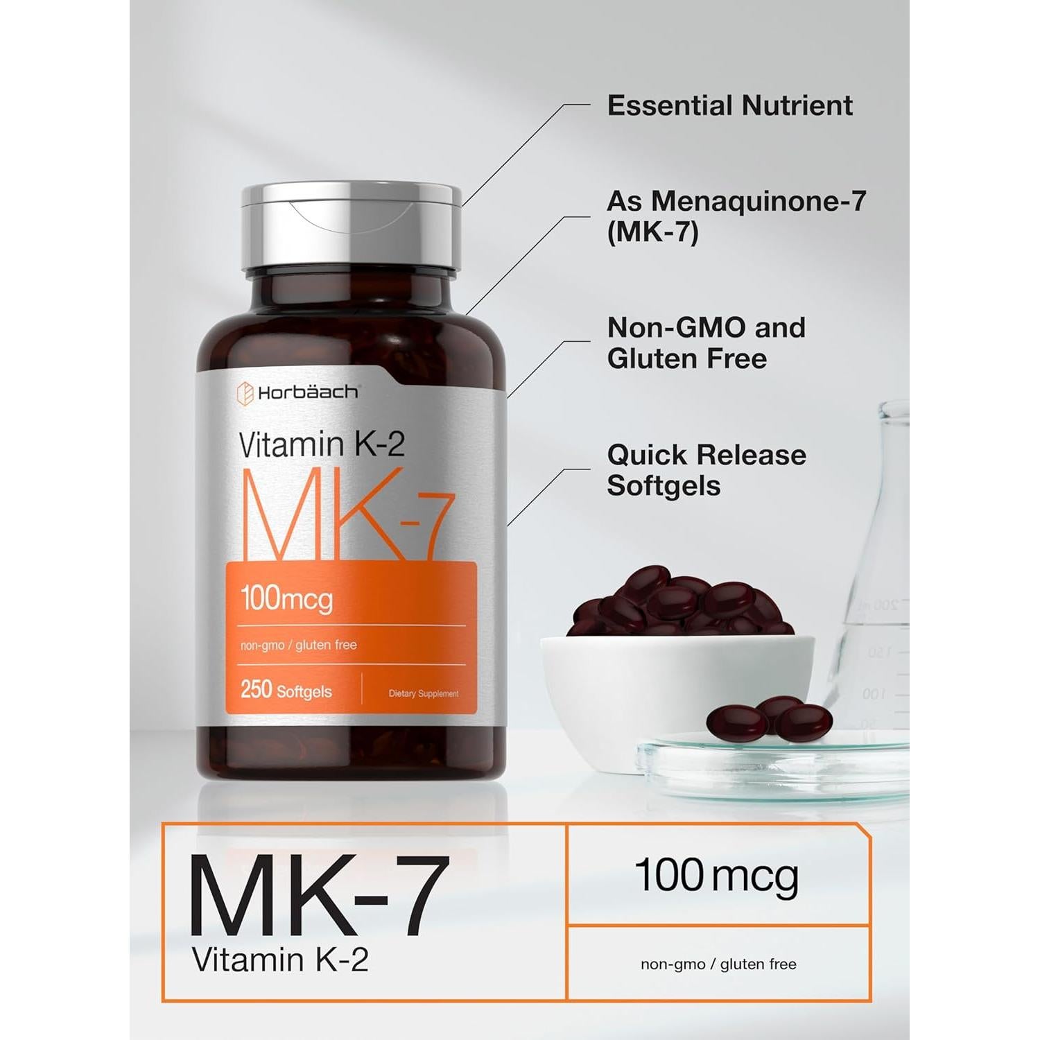 Vitamina K2 MK7 100mcg Horbäach - 250 Softgels Sin OGM