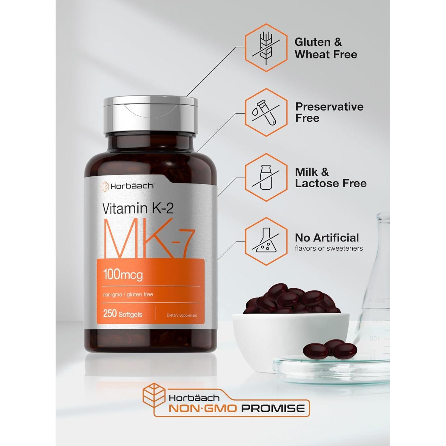 Vitamina K2 MK7 100mcg Horbäach - 250 Softgels Sin OGM