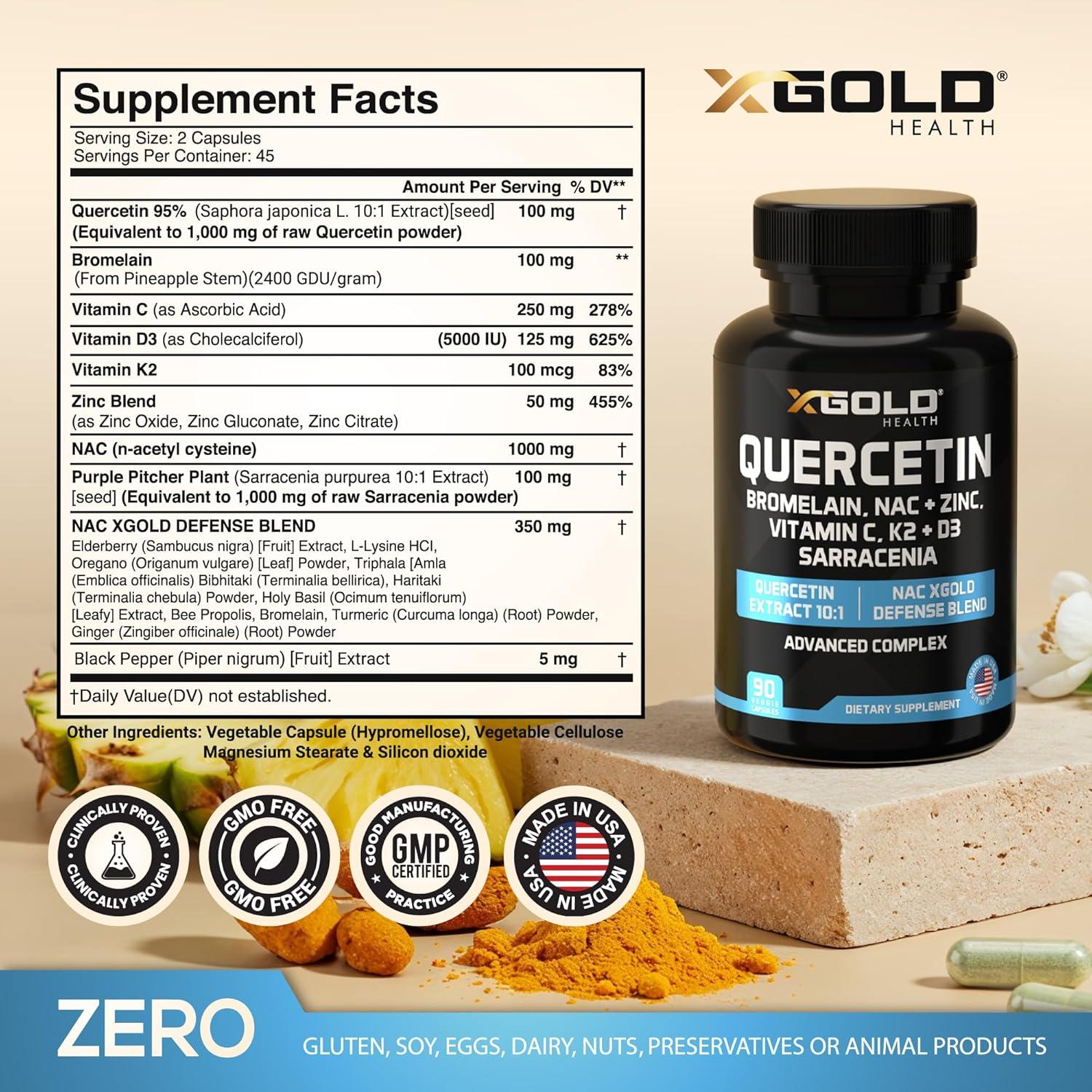 Suplemento Inmunológico X Gold Health - Quercetina 1000mg, NAC, Zinc, Vitamina D3+K2, Cúrcuma