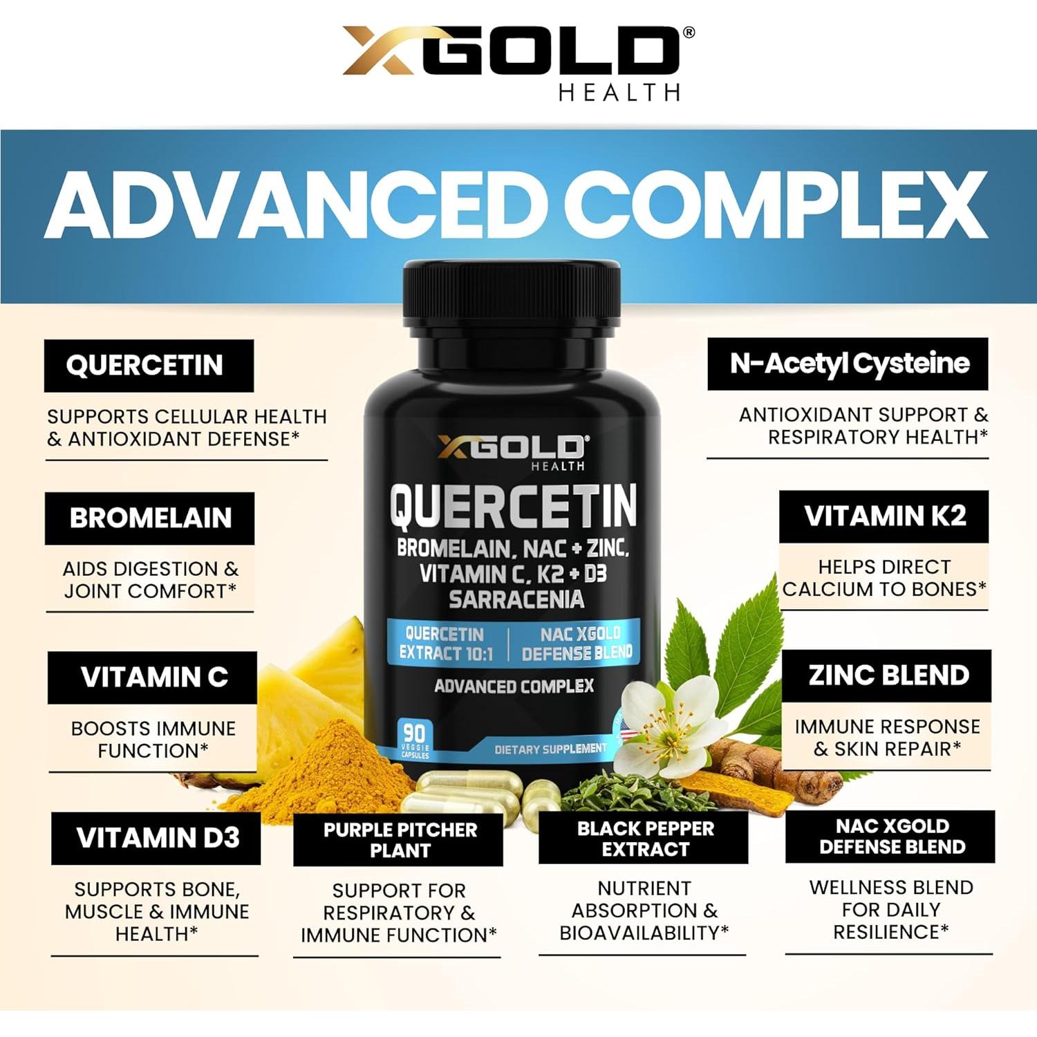 Suplemento Inmunológico X Gold Health - Quercetina 1000mg, NAC, Zinc, Vitamina D3+K2, Cúrcuma