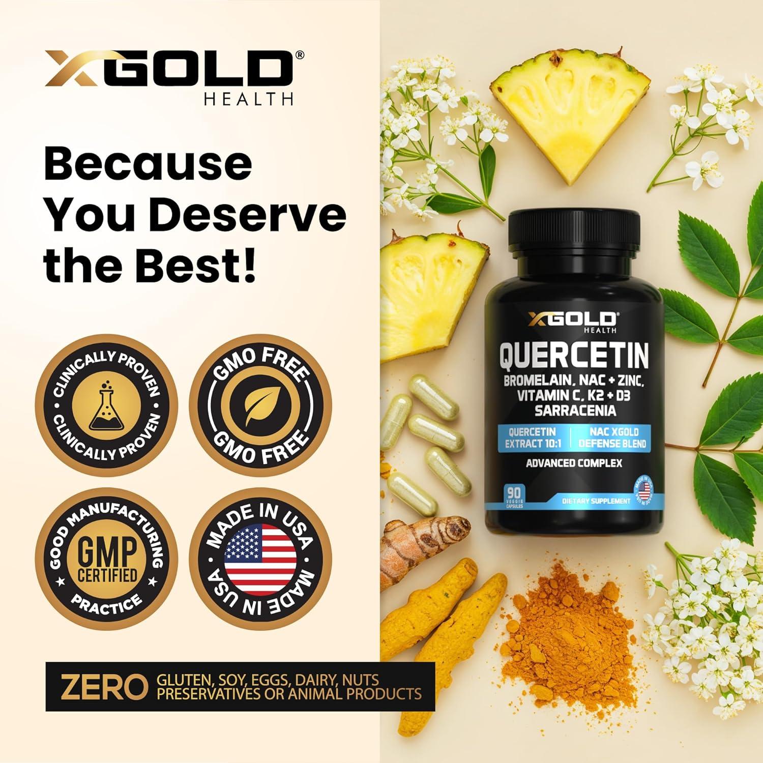 Suplemento Inmunológico X Gold Health - Quercetina 1000mg, NAC, Zinc, Vitamina D3+K2, Cúrcuma