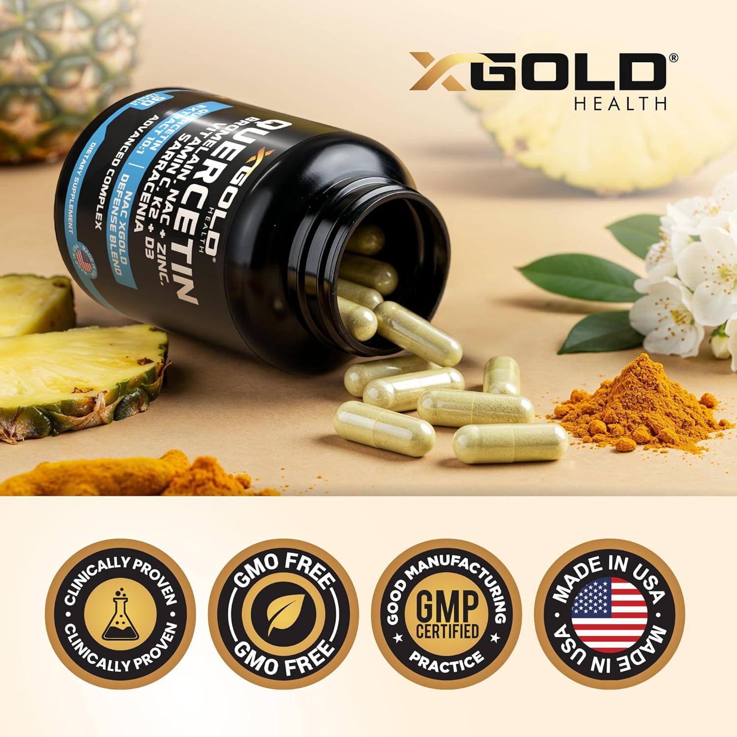 Suplemento Inmunológico X Gold Health - Quercetina 1000mg, NAC, Zinc, Vitamina D3+K2, Cúrcuma
