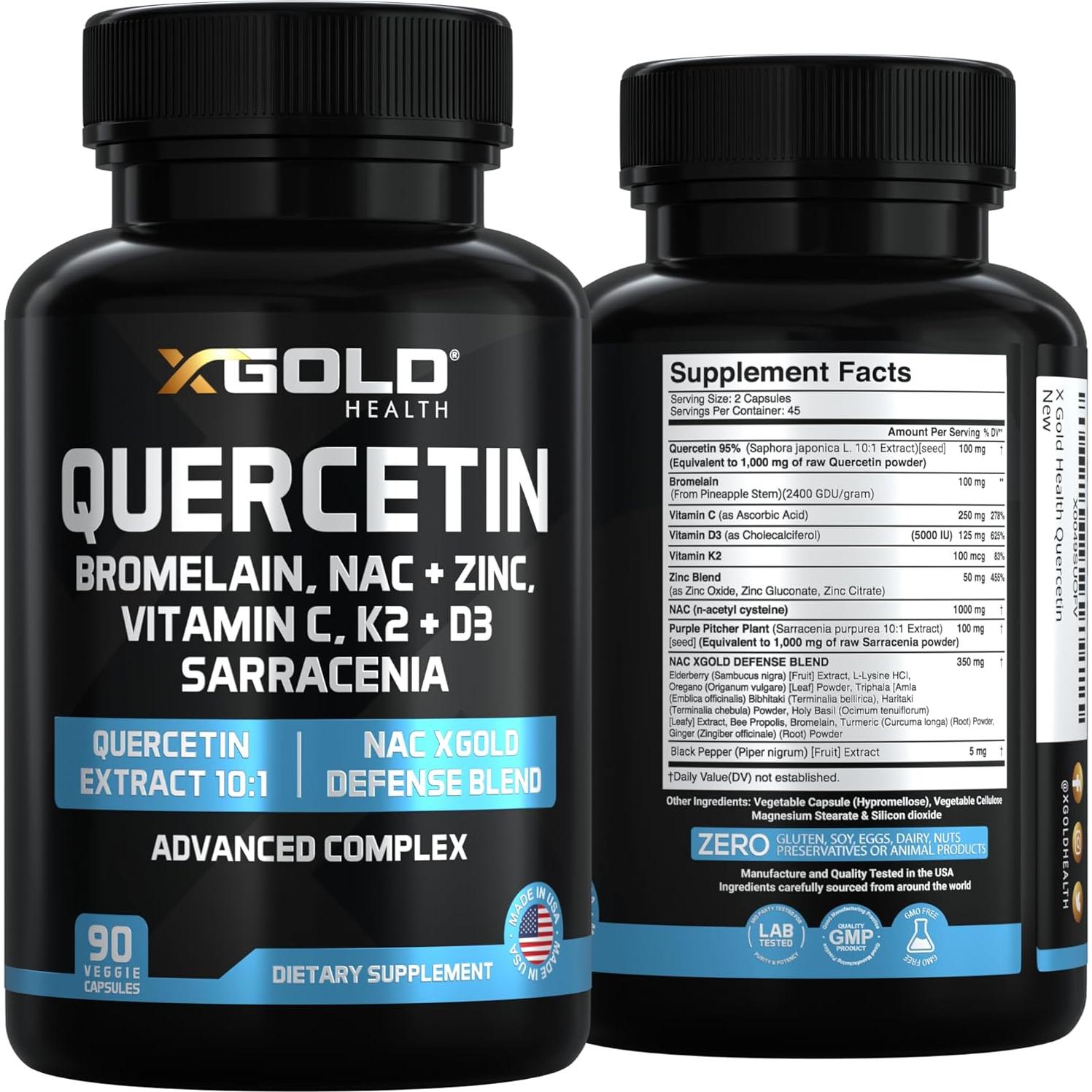 Suplemento Inmunológico X Gold Health - Quercetina 1000mg, NAC, Zinc, Vitamina D3+K2, Cúrcuma