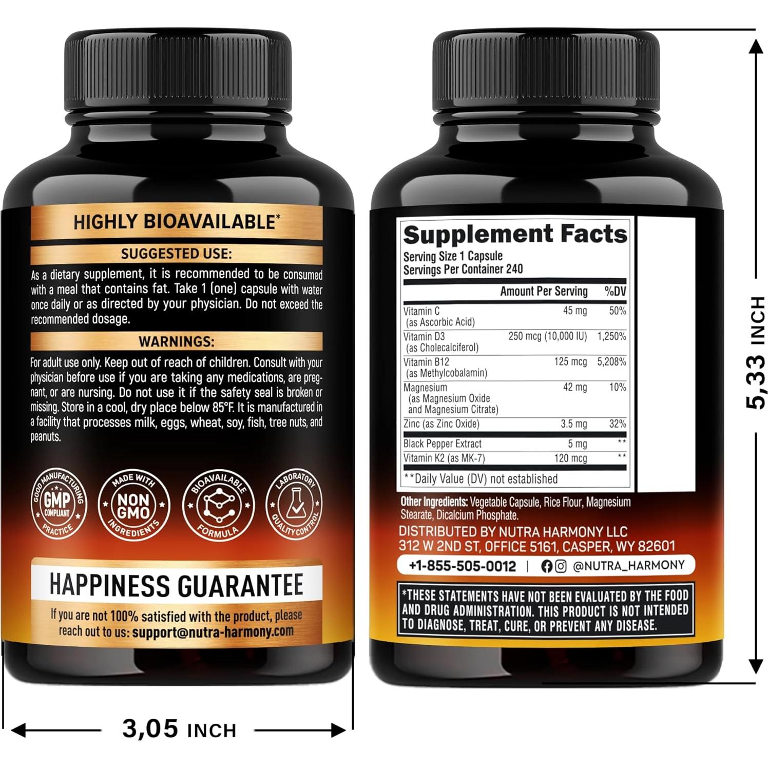 Vitamina D3 K2 Nutra Harmony 240 Cápsulas 10000 UI MK-7