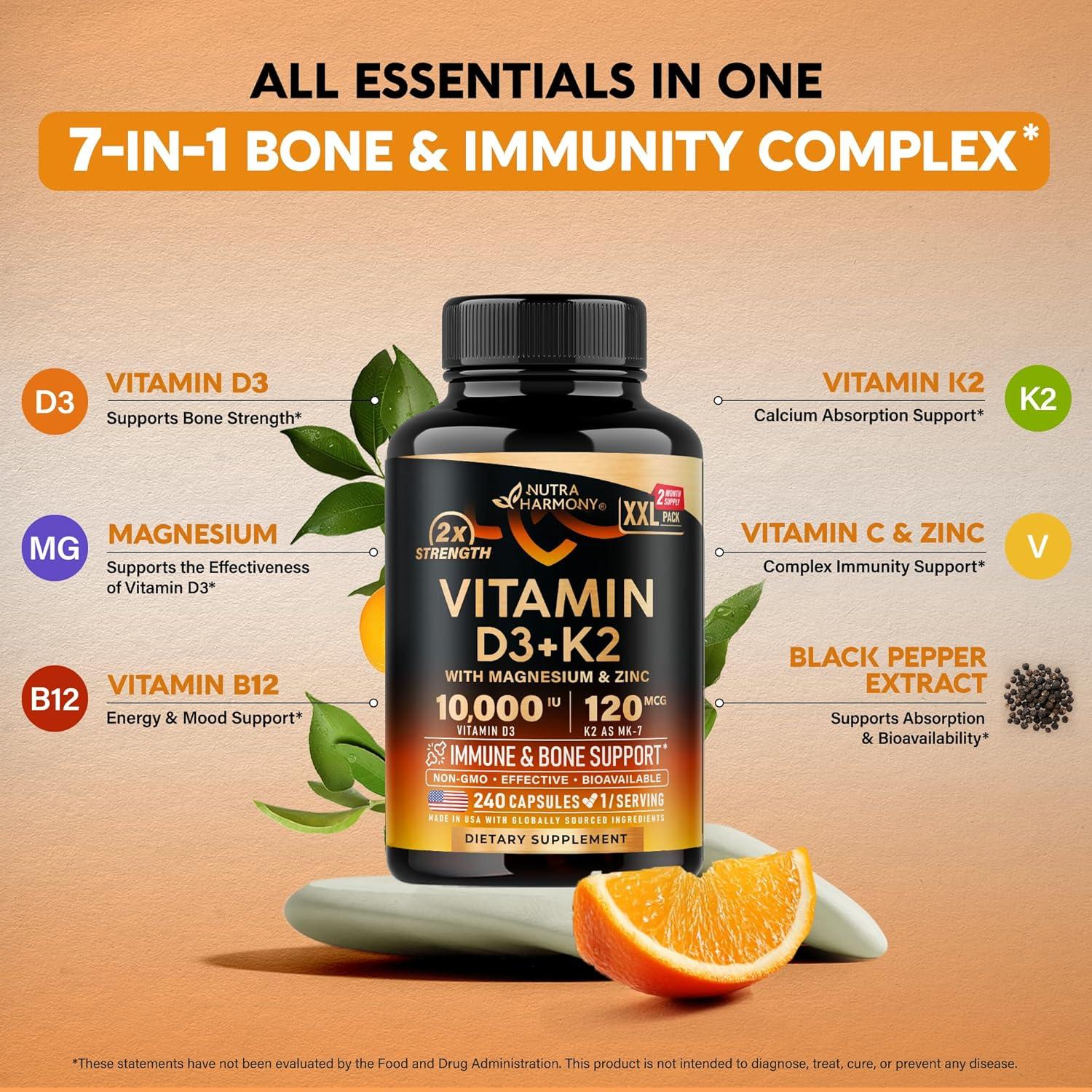 Vitamina D3 K2 Nutra Harmony 240 Cápsulas 10000 UI MK-7