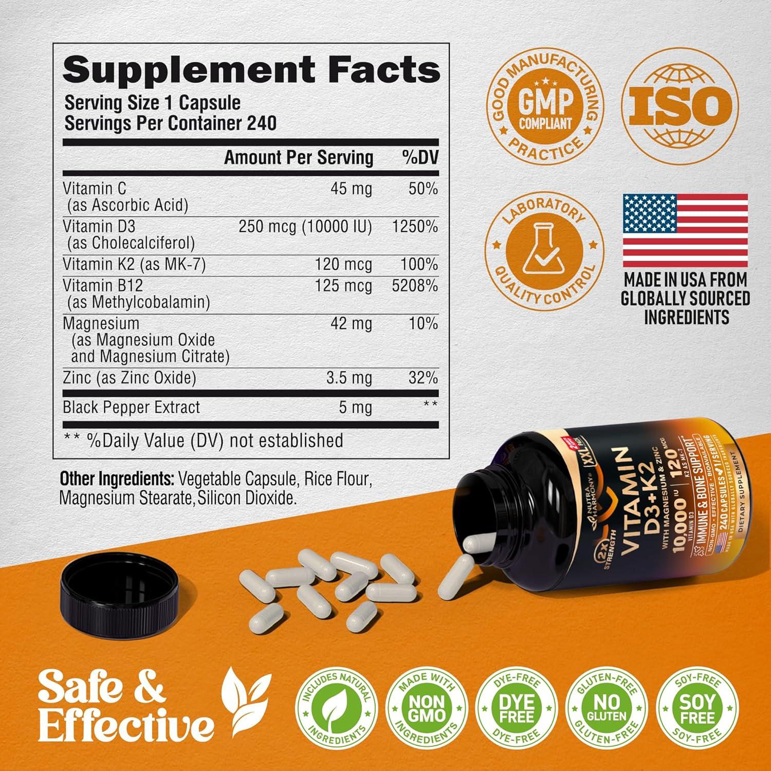 Vitamina D3 K2 Nutra Harmony 240 Cápsulas 10000 UI MK-7