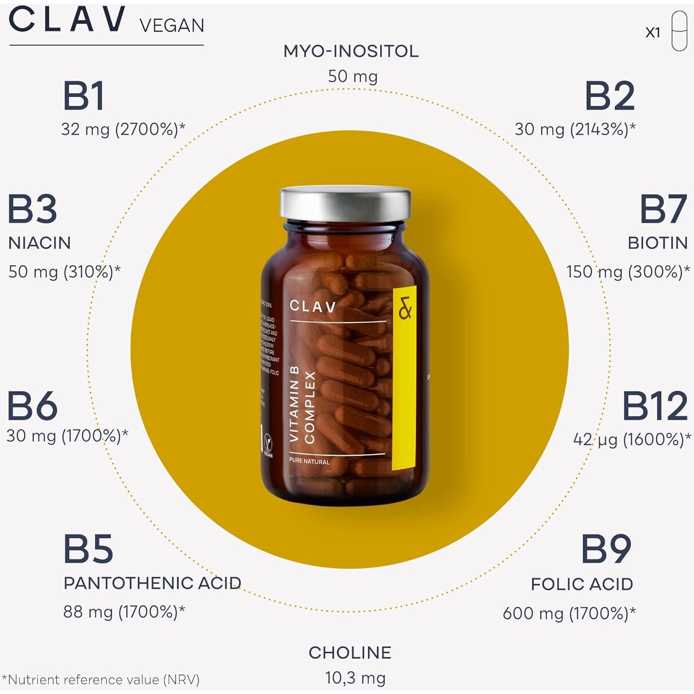 Complejo de Vitaminas B CLAV - 120 Cápsulas Veganas - Energía y Metabolismo