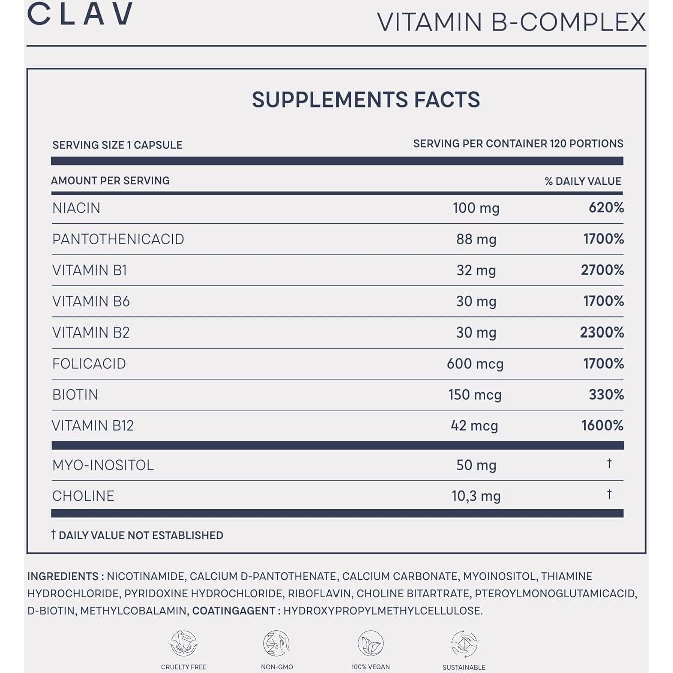 Complejo de Vitaminas B CLAV - 120 Cápsulas Veganas - Energía y Metabolismo