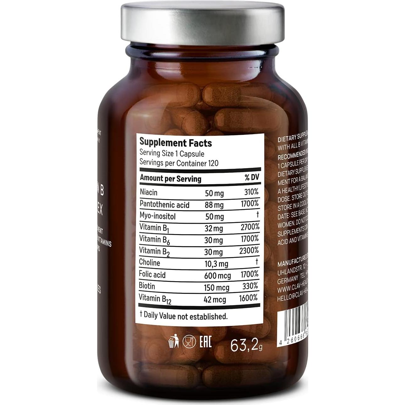 Complejo de Vitaminas B CLAV - 120 Cápsulas Veganas - Energía y Metabolismo