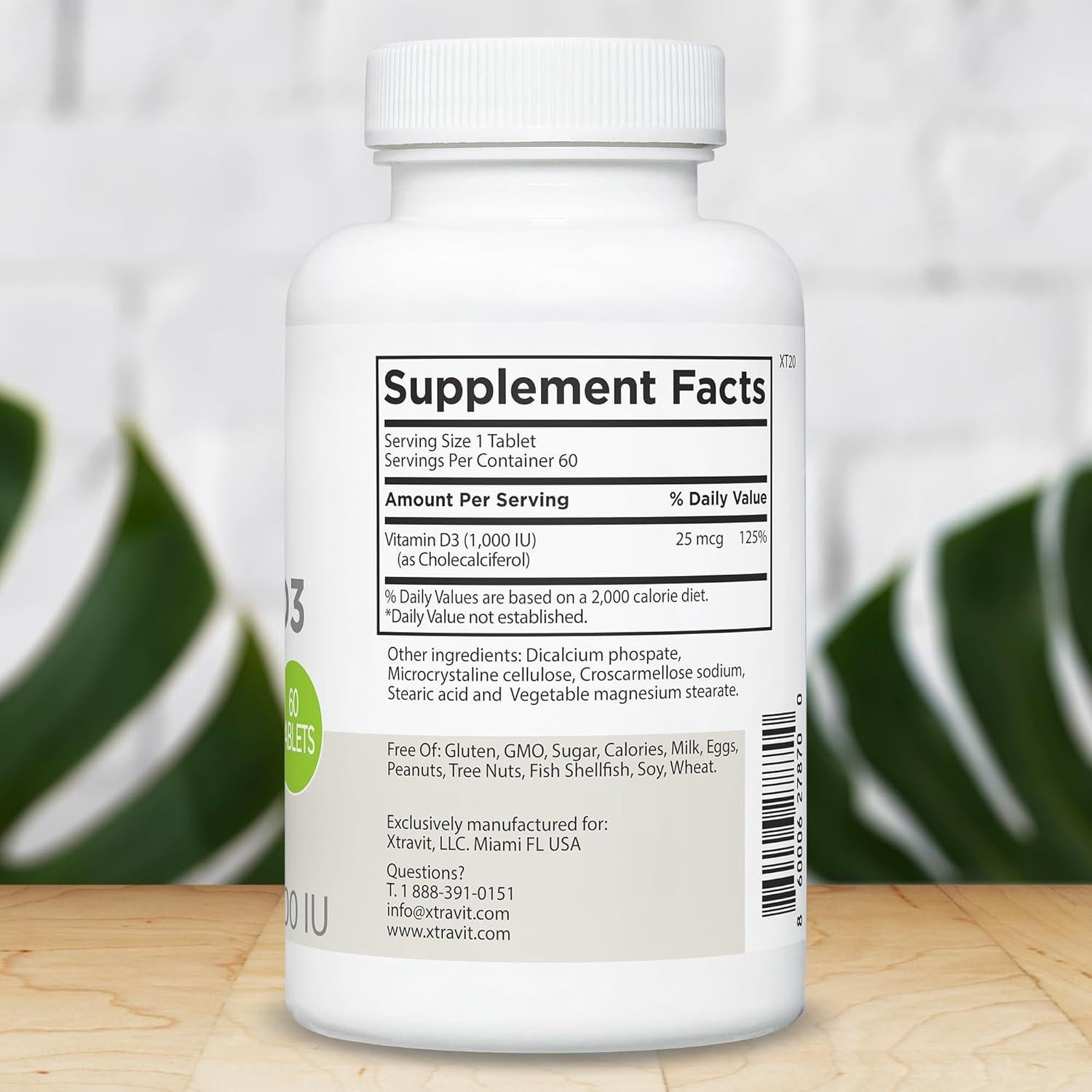 Suplemento de Vitamina D3 Xtravit 1000UI Vegano 60 Tabletas