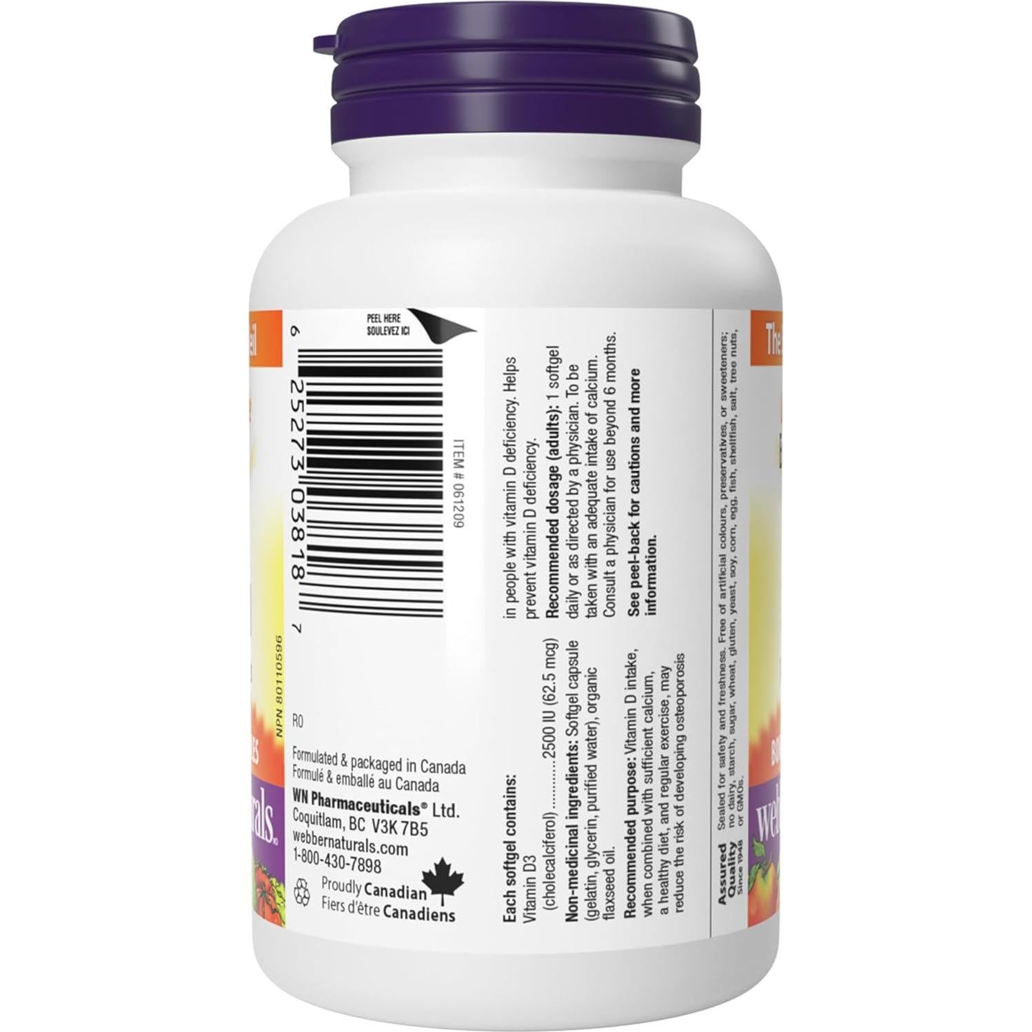 Vitamina D3 2500 UI Webber Naturals 180 Gelatinas Blandas