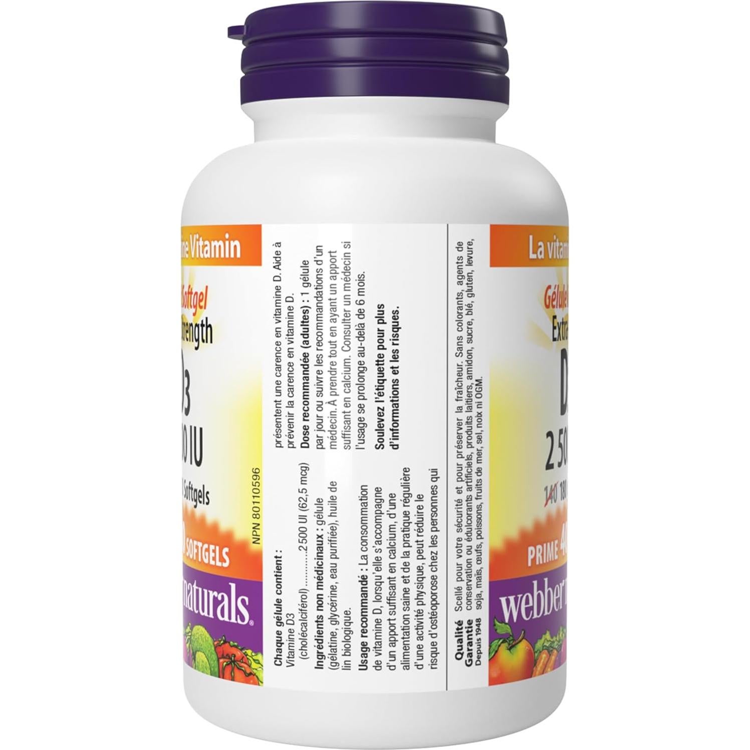 Vitamina D3 2500 UI Webber Naturals 180 Gelatinas Blandas