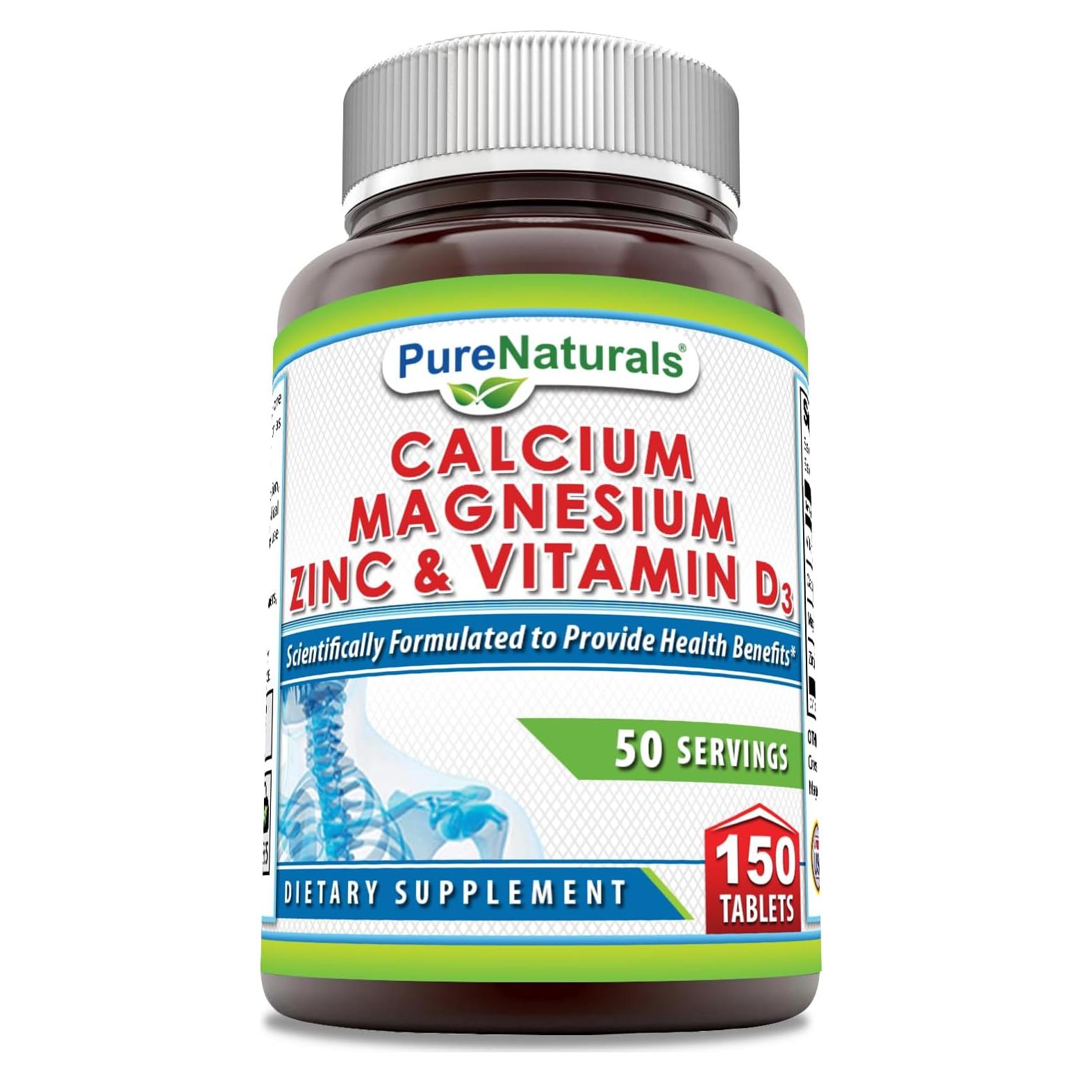 Suplemento de Calcio Magnesio Zinc Vitamina D3 Pure Naturals 150 Tabletas