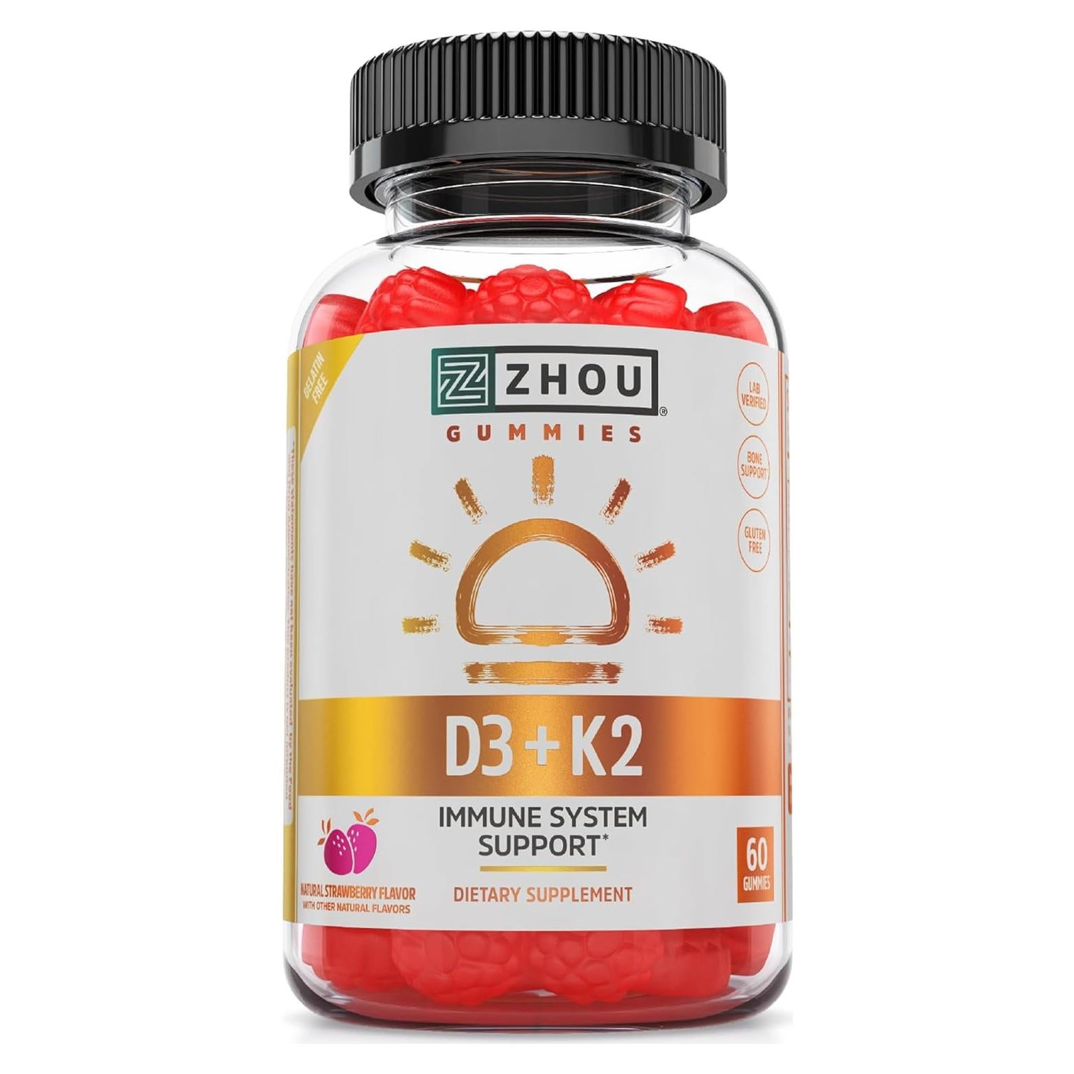 Zhou D3+K2 - Vitamin D3 K2 Supplement for Women & Men, Immune Support Vit D3 and K2 Gummy, Gelatin Free Formula with 5000 IU of D3 and MK-7 - 60 Veggie Gummies (Pack of 1)