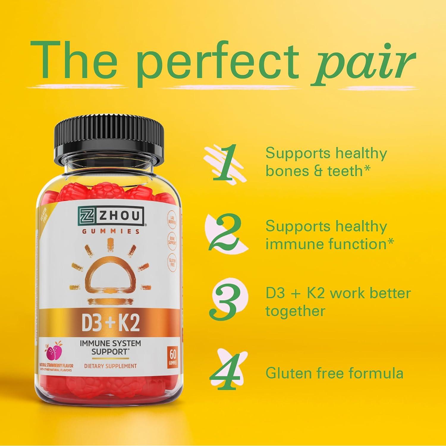 Zhou D3+K2 - Vitamin D3 K2 Supplement for Women & Men, Immune Support Vit D3 and K2 Gummy, Gelatin Free Formula with 5000 IU of D3 and MK-7 - 60 Veggie Gummies (Pack of 1)