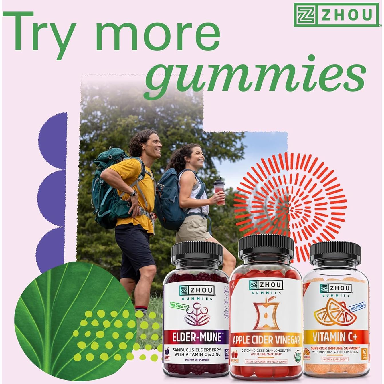 Zhou D3+K2 - Vitamin D3 K2 Supplement for Women & Men, Immune Support Vit D3 and K2 Gummy, Gelatin Free Formula with 5000 IU of D3 and MK-7 - 60 Veggie Gummies (Pack of 1)