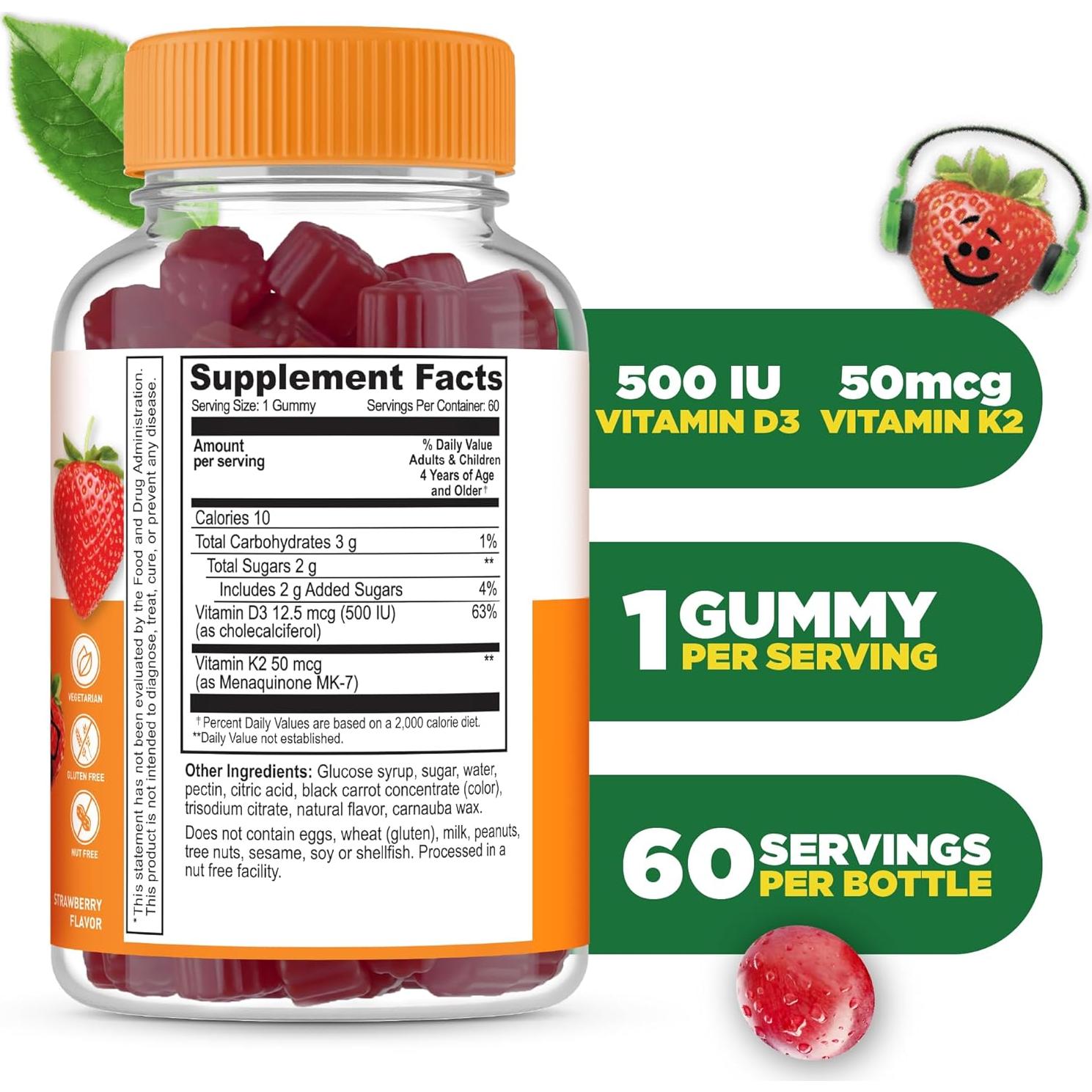 Gomitas de Vitamina D3 K2 Lifeable 1000iu 60 Unidades