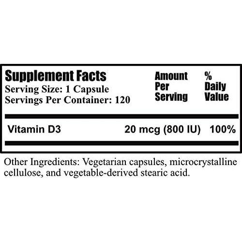 Vitamina D3 800 UI Daily 120 Cápsulas Vegetarianas Kosher