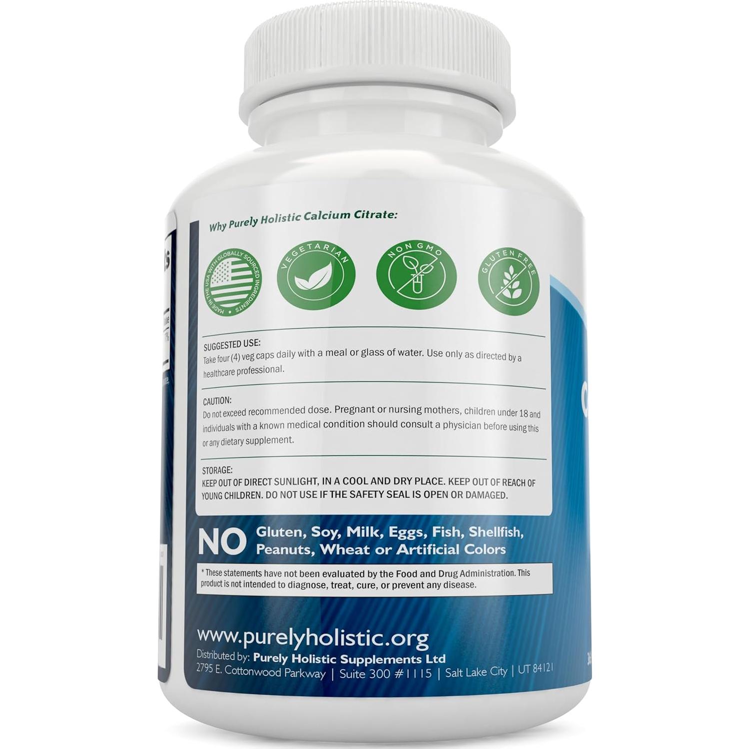 Citrato de Calcio 1000mg Purely Holistic - 365 Cápsulas Veganas