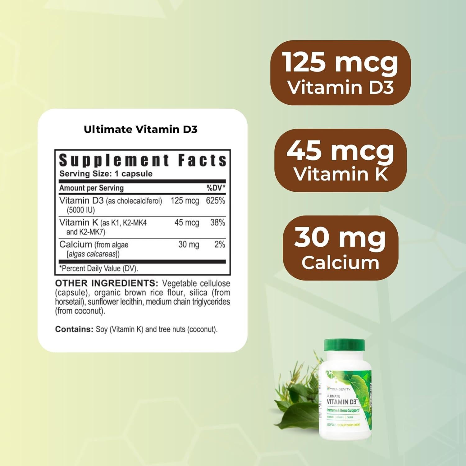 Youngevity Vitamina D3 5000 UI con K2 - 60 Cápsulas