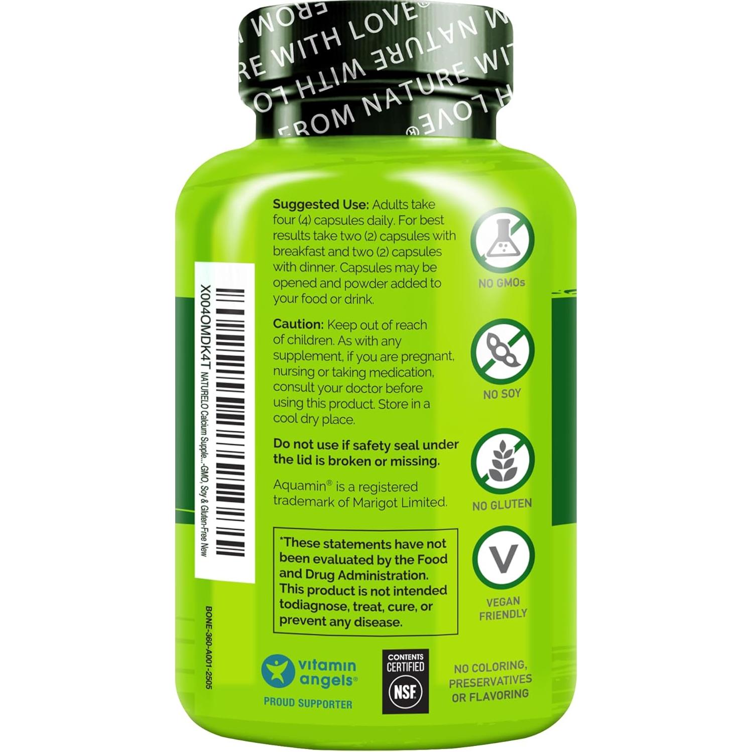 Suplemento de Calcio NATURELO 600mg con Vitamina D3 y K2 - 360 Cápsulas Vegetarianas