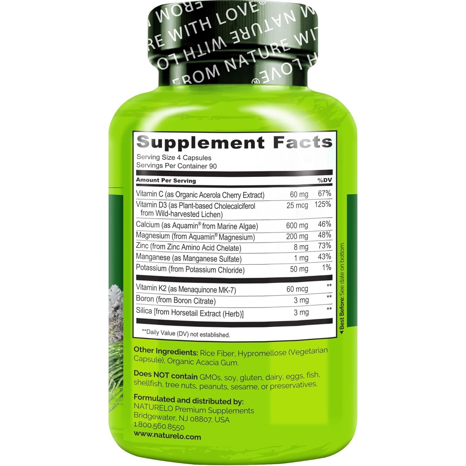 Suplemento de Calcio NATURELO 600mg con Vitamina D3 y K2 - 360 Cápsulas Vegetarianas