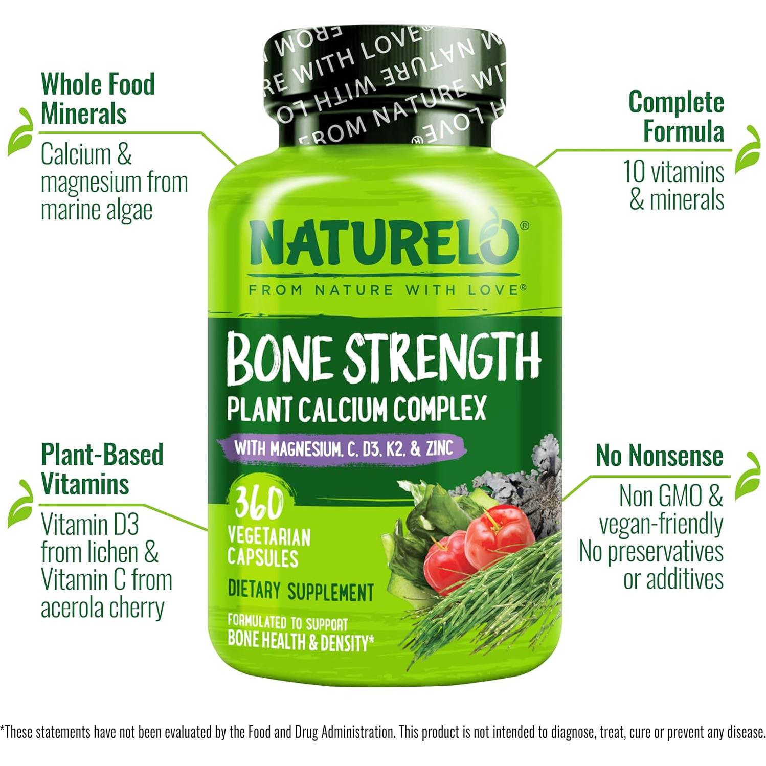 Suplemento de Calcio NATURELO 600mg con Vitamina D3 y K2 - 360 Cápsulas Vegetarianas