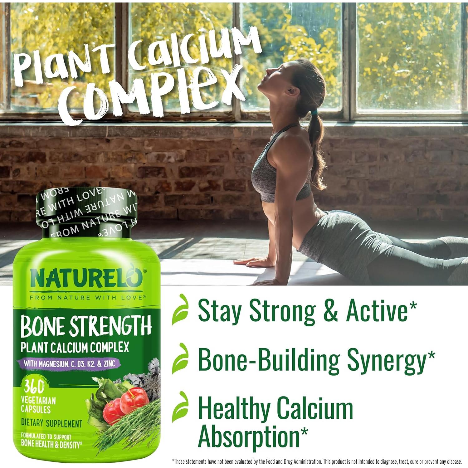 Suplemento de Calcio NATURELO 600mg con Vitamina D3 y K2 - 360 Cápsulas Vegetarianas