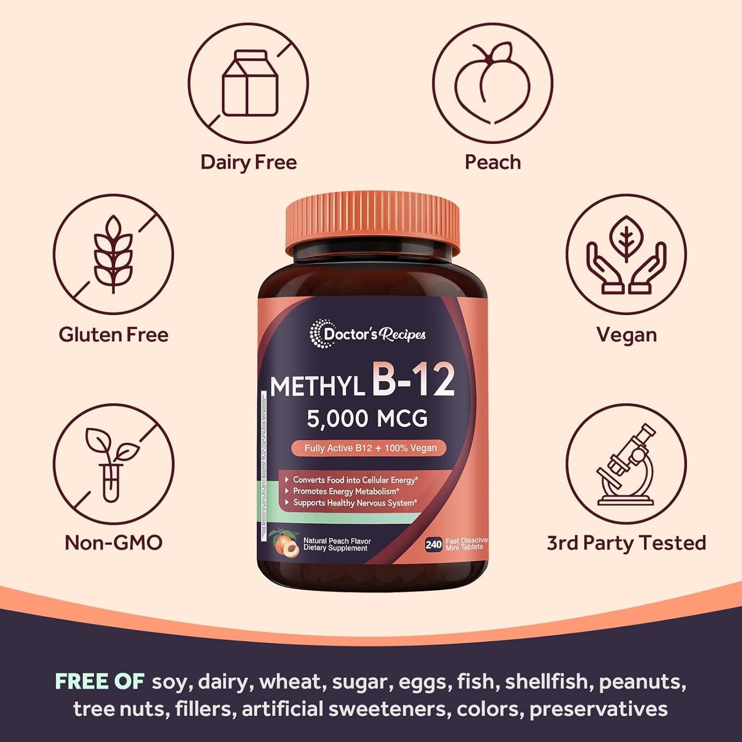 Vitamina B12 Sublingual Metilcobalamina 5000 mcg 240 Tabletas